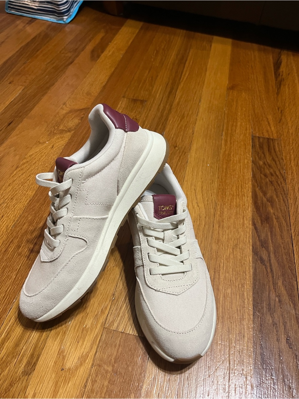 Toms  women’s travel lite Cream Suede Sneakers with Burgundy Heel Tab